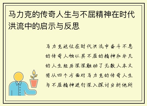 马力克的传奇人生与不屈精神在时代洪流中的启示与反思